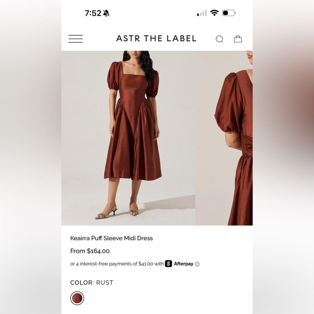 Astr Rust Puff Sleeve Midi Dress